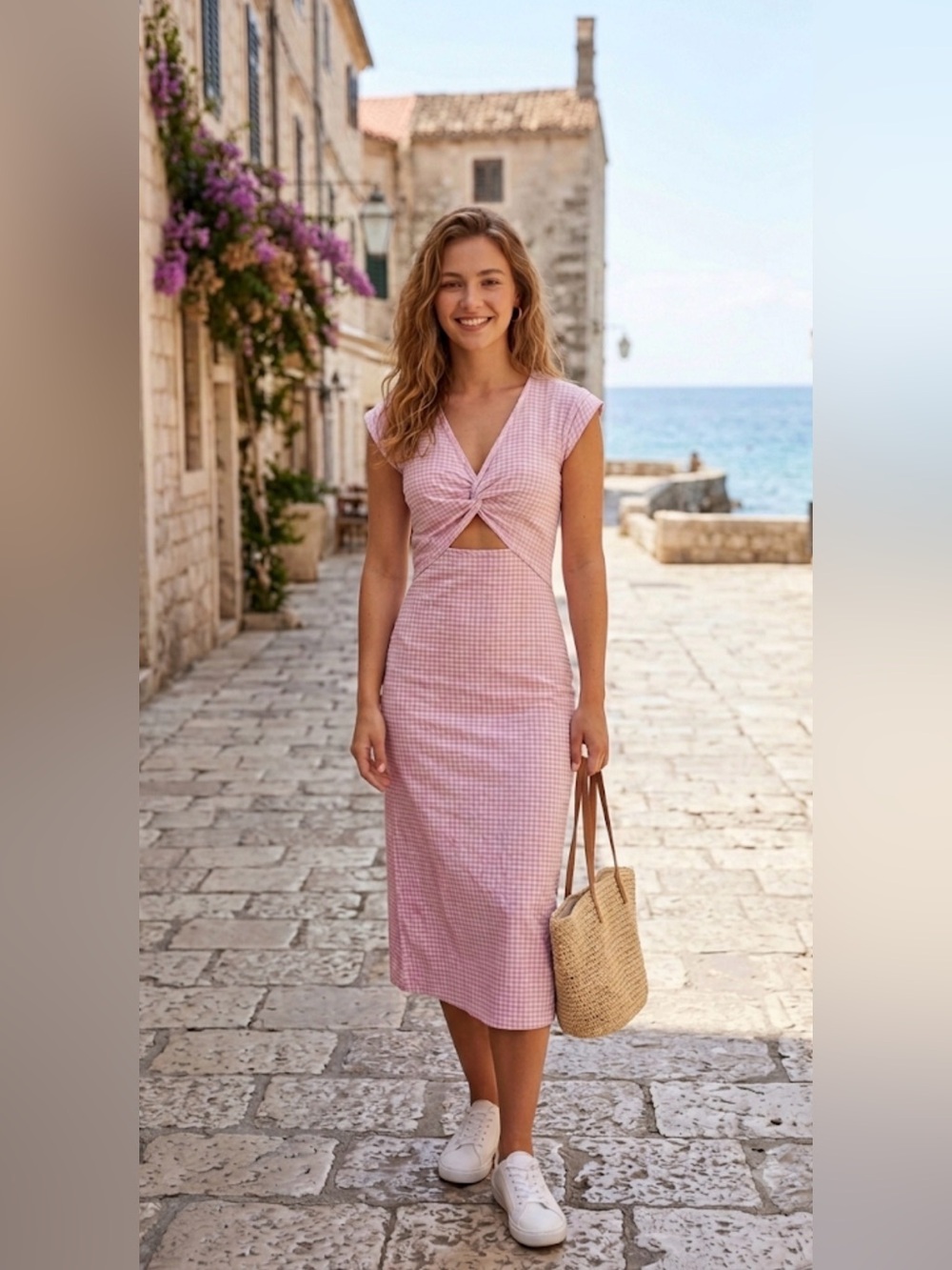 Derek Lam Pink Gingham Twist-Front Midi Dress